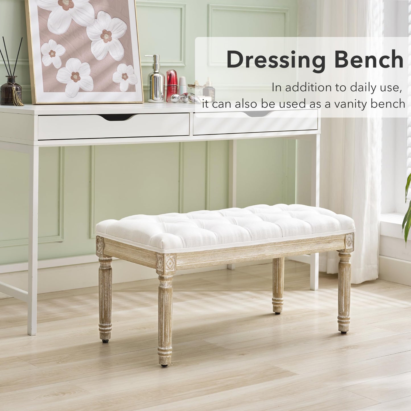 LOULENS French Vintage Bench, Linen Fabric Entryway Bench, Upholstered Tufted End of Bed Bench with Brushed Wood Legs, White