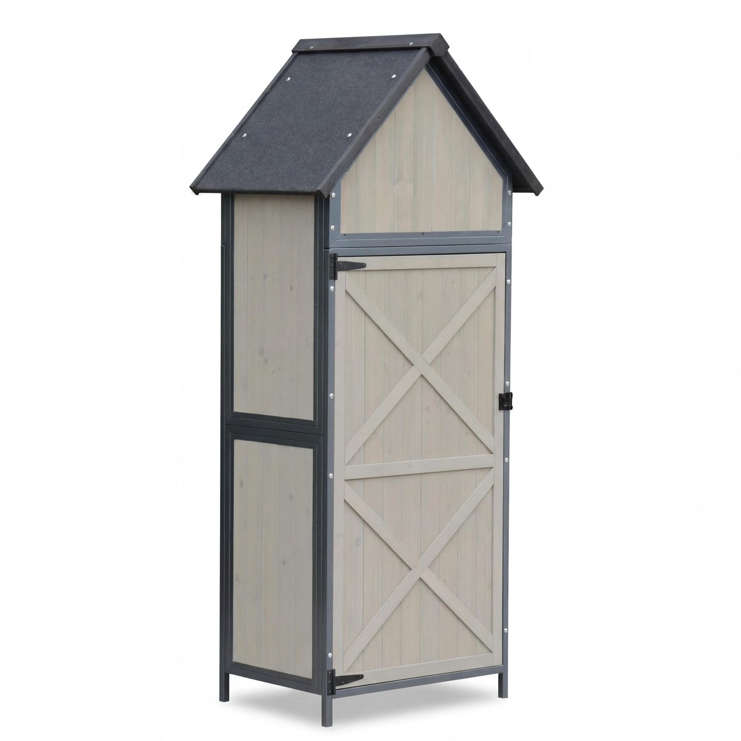 68" Tall Wooden Cabinet, Outdoor Storage Shed with Floor, Adjustable Shelves & Lockable Door, Waterproof Garden Shed, Metal Frame Tool Cabinet for Backyard, Patio & Garden Tool Organization