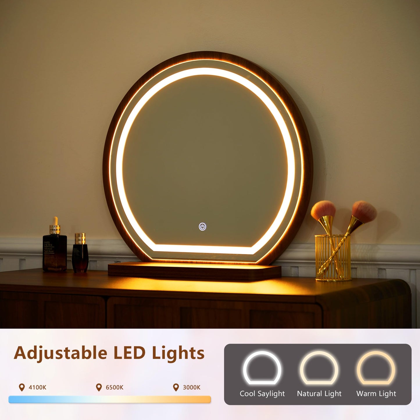ORRD Vanity Desk with Mirror and Lights, Modern Wood Wave Panel Vanity Desk Set Makeup Table with Drawers and Cabinet, Dressing Table with Storage for Bedroom, Walnut
