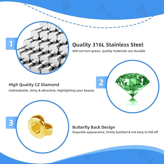 Get the Perfect Ear Piercing with 24 Pcs Premium Ear Piercing Kit - Includes 8 Green CZ Stones Earrings and 8 Easy-to-Use Self Ear Piercing Gun - Safe and Painless