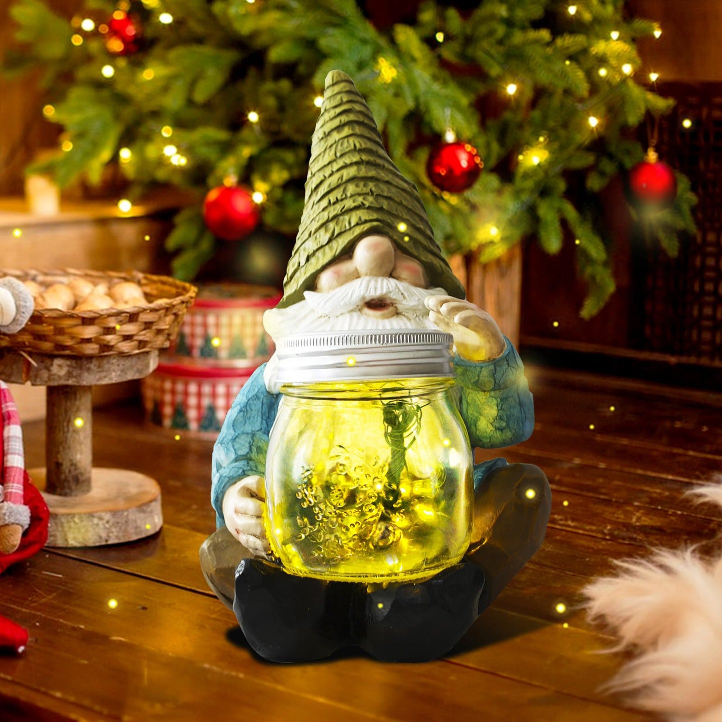 Vcdsoy Solar Firefly Jar Gnome Waterproof- Large Garden Gnome Funny Solar Outdoor LED Lights Resin Statues 10.6" Lantern Figurines Decorations Birthday Gifts for Mom Women - Unique Housewarming Gifts