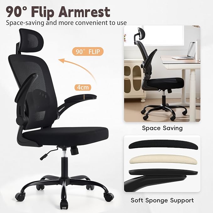 Rishtivin Ergonomic Office Chair with 3D Adjustable Lumbar Support, Mesh High Back, 75° Rotating Headrest, Rocking Function, 300lbs Capacity, Black/White (Black)