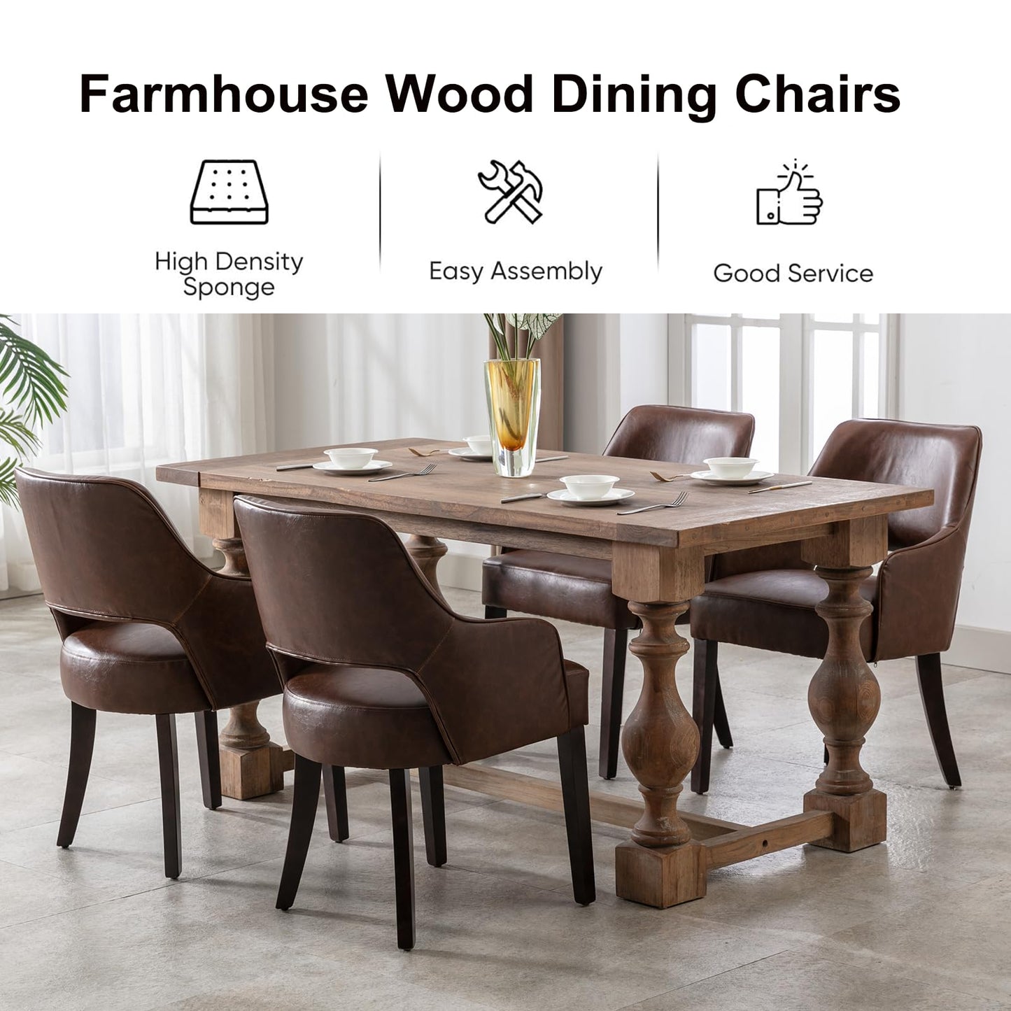 Kmax PU Leather Fabric Dining Chairs Set of 2 Upholstered Side Chairs Farmhouse Accent Chairs with Open Back Wood Legs for Dining Room Guest Room Restaurant, Brown(Wider Seats)