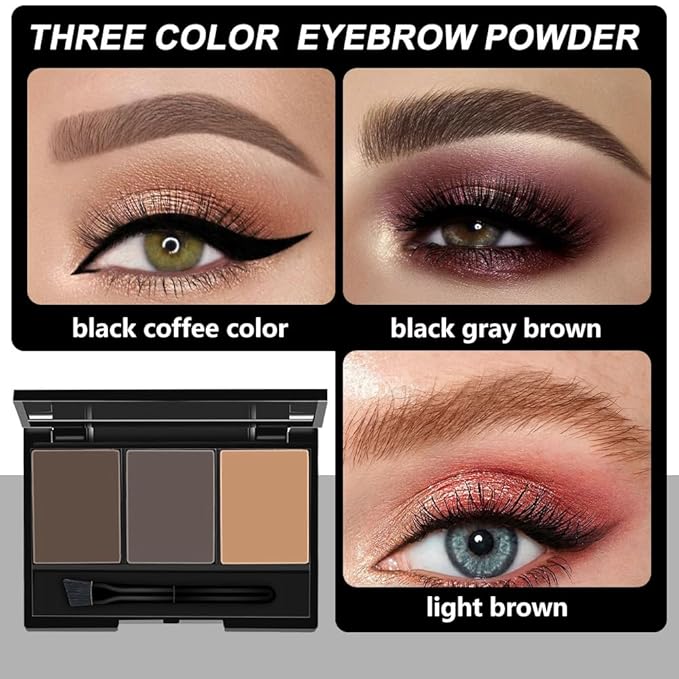 Brow Powder Kit with Mirror – Long-Lasting 3-Color Brow Filler for Full, Defined Natural Brows, Contour Palette with Double-Ended Brush, sombra para cejas (02)