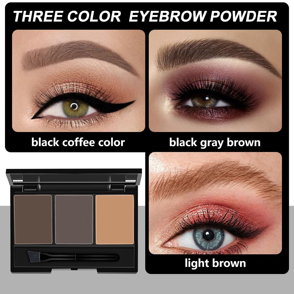 Eyebrow Powder Dark Light Brown Grey Kit,Eye Brow Powder for Women with Brow Brush,Long-Lasting Waterproof Three Colors Brow Fil