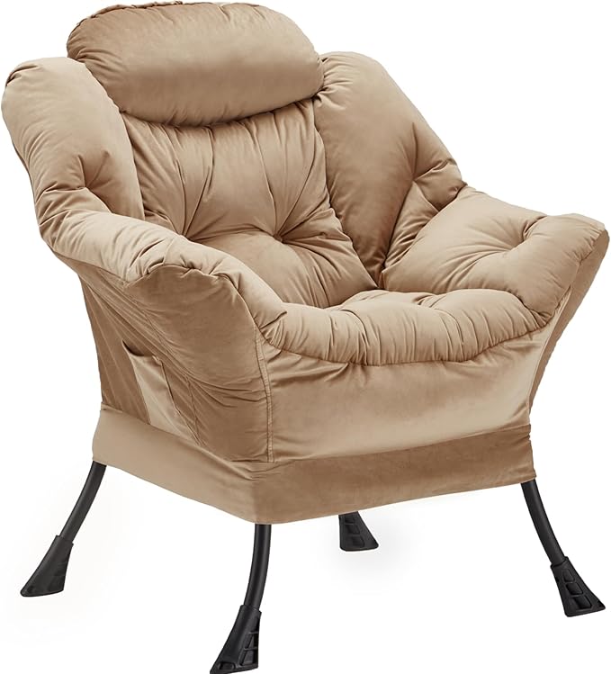 Youtanic Lazy Chair Thick Padded, Comfy Velvet Accent Lounge Chair with Stable Frame, Leisure Sofa Armchair with Armrests and Side Pocket, Reading Chair for Bedroom, Living Room, Office, Khaki