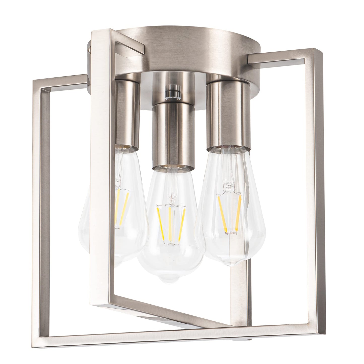 Edzemuwa 3-Light Flush Mount Light Fixture,Brushed Nickel Metal Frame Ceiling Light Fixture with Contemporary Geometric Metal Cage,for Living Room Kitchen Dining Room Bedrooms Foyer Hallways,