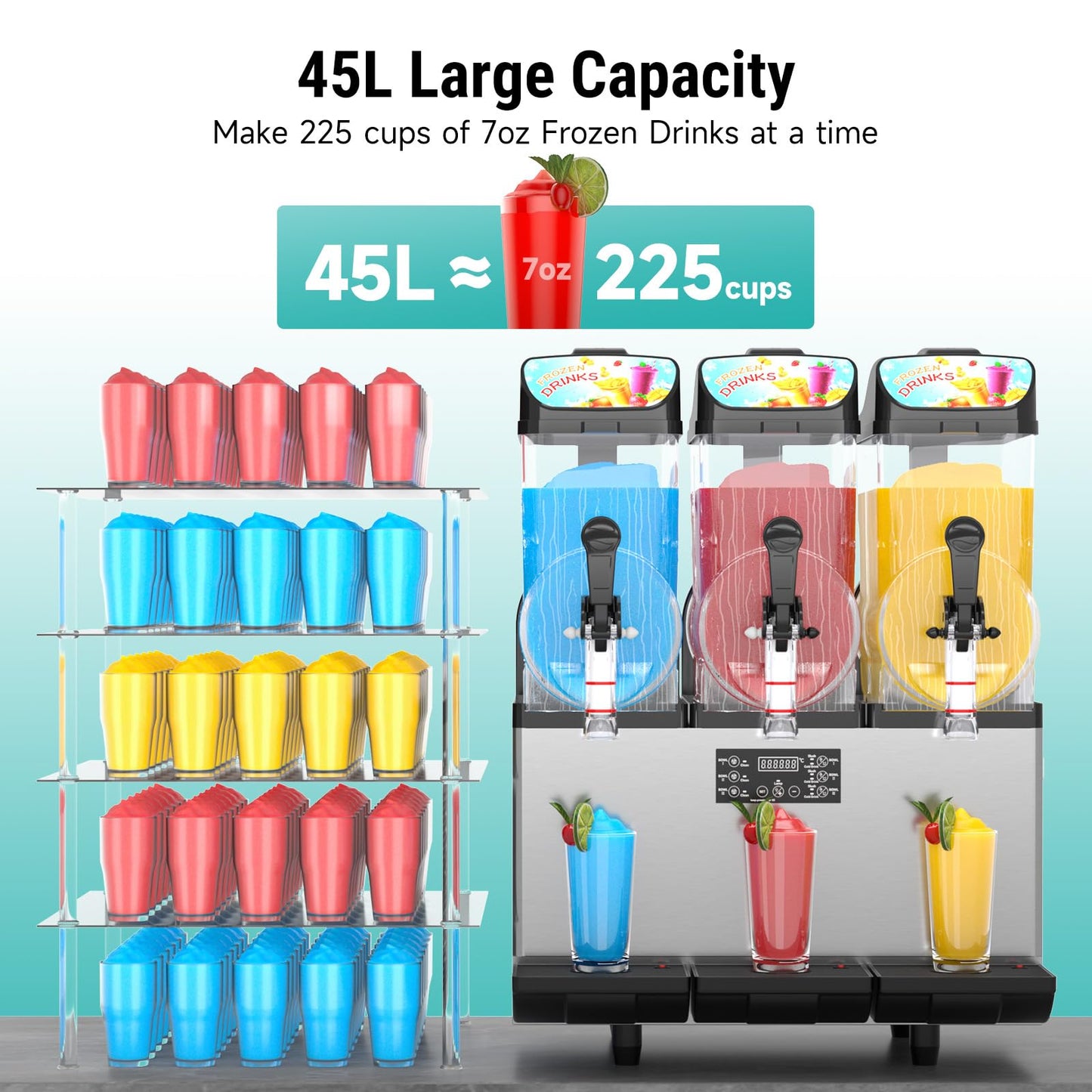 45L Commercial Slushy Machine with LED Light, 15L×3 Tanks Commercial Frozen Drink Machine, Stainless Steel Margarita Slushie Maker, Quick Making, for Wine Cocktails, Daiquiri Juice, Coffee