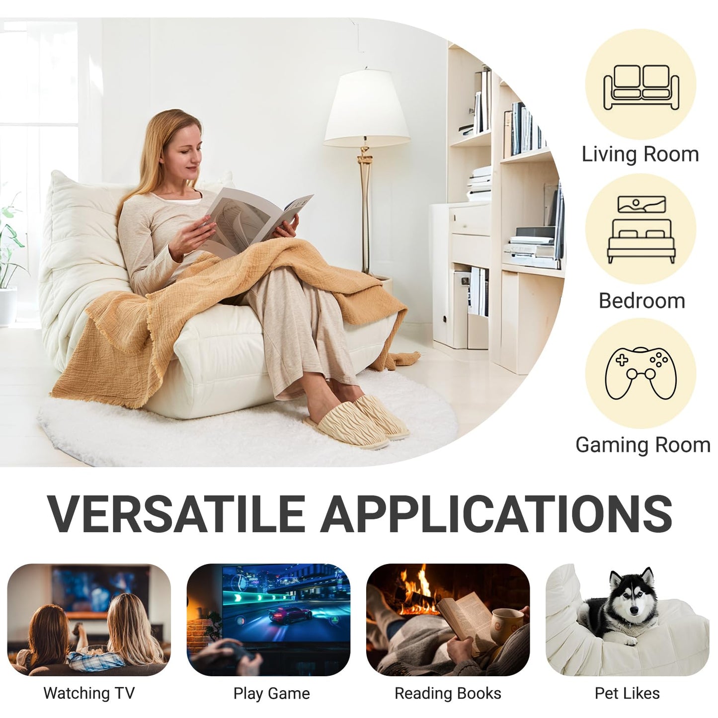Bean Bag Chairs for Adults - Comfy High-Density Foam Fireside Chair, Adult Size, Soft Dutch Velvet Cover Beanbag Couch, Versatile for Living Room, Bedroom, Dorm, Reading & Gaming (Beige)