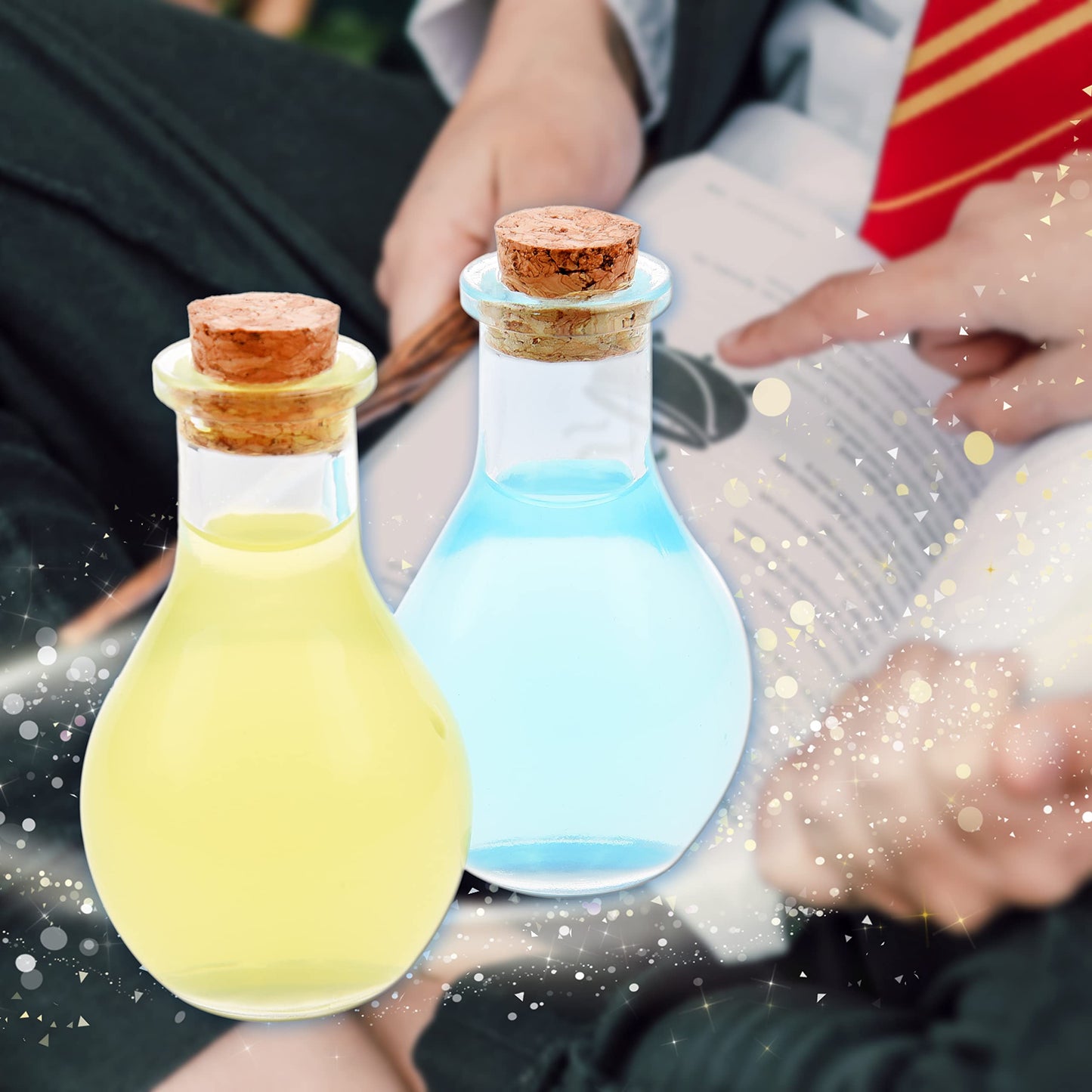 Eco-Fused Cosplay Potion Bottle 2x Small - Clear Spherical Cosplay, Wizard, Witch Costume Accessory - Incl. Cork Stopper, Black Faux Leather Sleeve Holder, Belt Loop