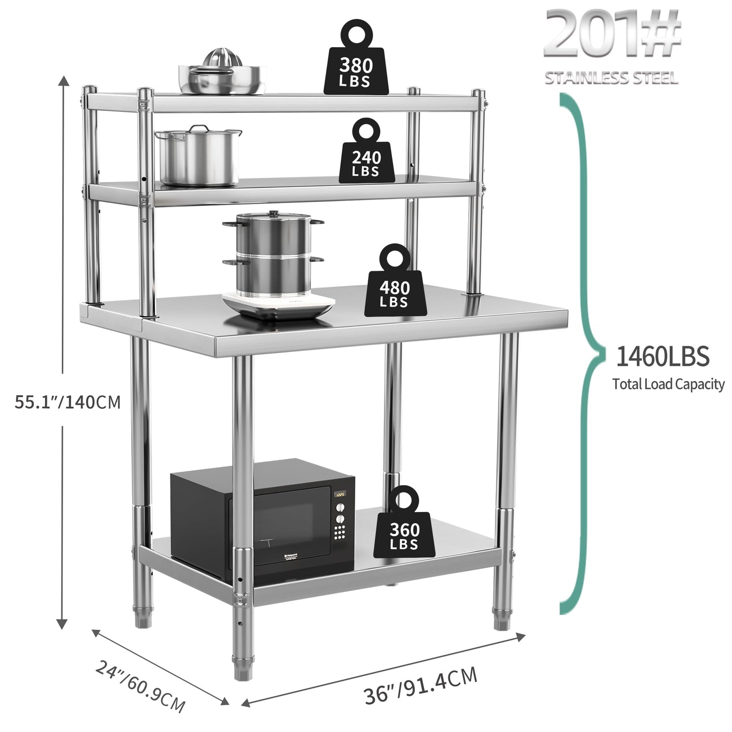 YITAHOME NSF Stainless Steel Table with Overshelf, 36" X 24" Work Table and 36" X 12" Shelf, Metal Prep Table for Home, Kitchen, Restaurant, Garage, Warehouse