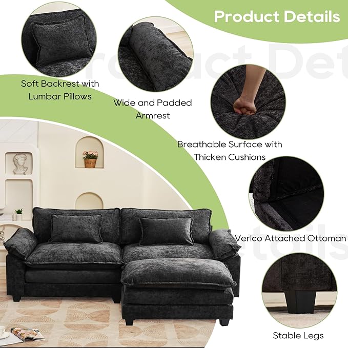 Oprisen 86" Modular Sectional Sofa, Comfy Cloud Couch Sectional Sofa with Ottoman, Chenille Sofa Sleeper Deep Seat Sofa with Throw Pillows for Living Room (Black, 86"- L Shape)