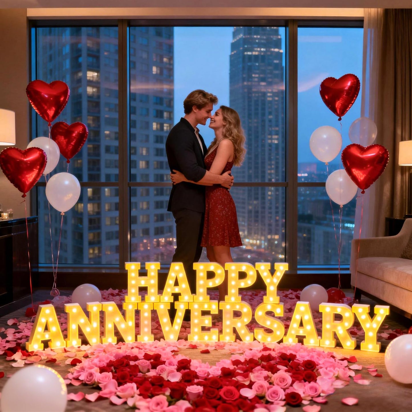 Happy Anniversary Decorations, Light up Letters Sign, with Rose Petals, Round Pearlescent Balloon, Aluminum Balloons, Light LED Neon, Table Decor for Valentine's Day Wedding Romantic Party