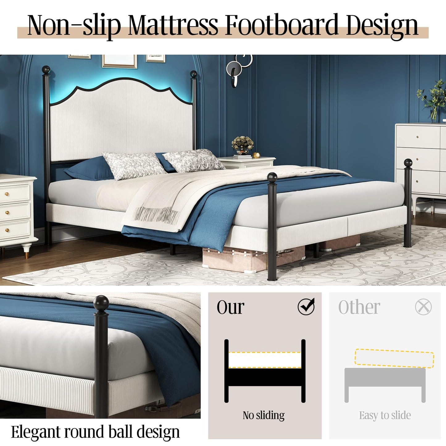 LUXOAK Queen Bed Frame with LED Light & Arch Headboard, Modern Corduroy Upholstered Platform Bed with Metal Poster, No Box Spring Needed/Easy Assembly/Noise Free, White
