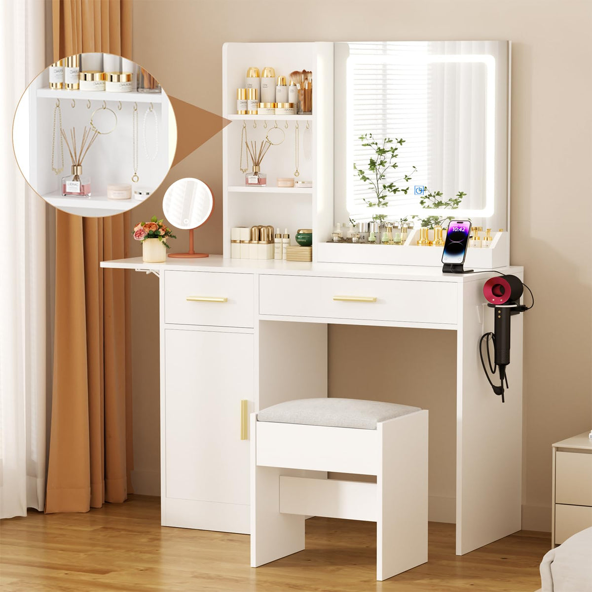 ERLEJIA Vanity Desk with Mirror and Lights & Extral Foldable Desk, 35.43" & 43.3" Makeup Vanity Table with Stool and Plug Outlet, 5 Drawers and Open Shelves Dressing Table for Bedroom, White and Gold