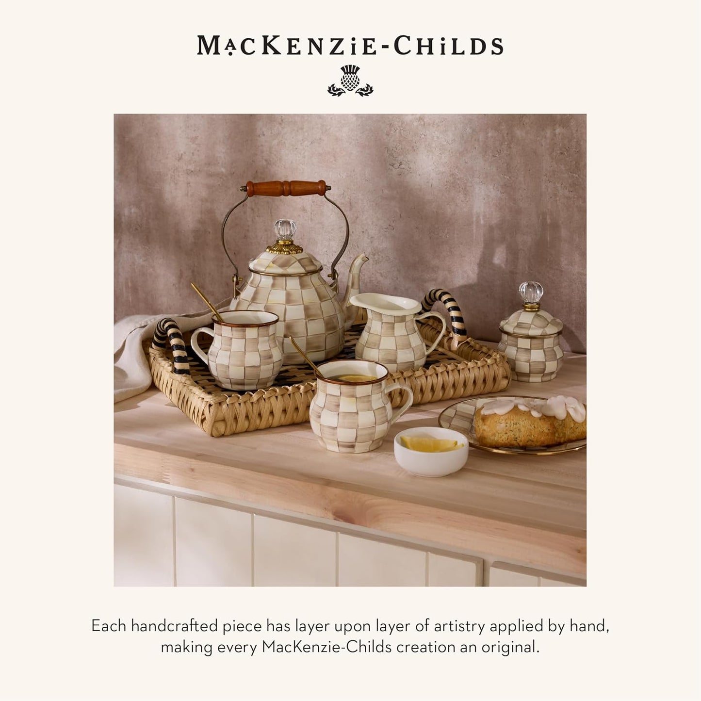 MACKENZIE-CHILDS Enamel Dinner Plate, Decorative Dinnerware Plate, 10 Inches, Brown-and-White Mocha Check