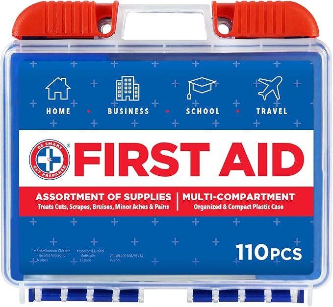 Be Smart Get Prepared 110 pc First Aid Kit: Clean, Treat, Protect Minor Cuts, Home, Office, Car, School, Business, Travel,...