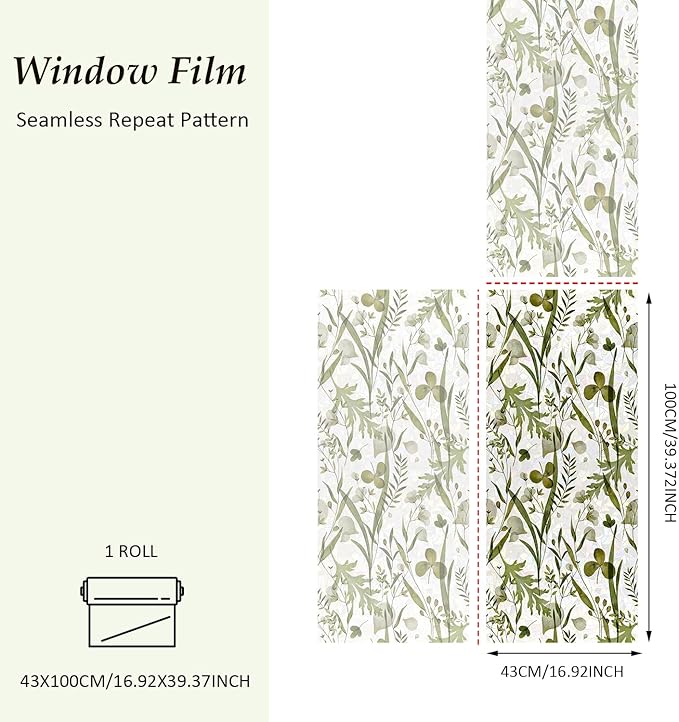 Rainbow Watercolor Green Leaves Window Film, Privacy Iridescent Static Cling Double-Sided Decals for Window Door Glass Decor, Herbs, 39.37" x 16.93"