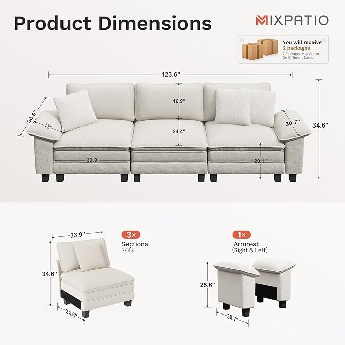 MIXPATIO 123" Cloud Modular Sectional Sofa, 3-Seater w/Deep Seat & Removable Arms, Plush Chenille for Living Room - Beige