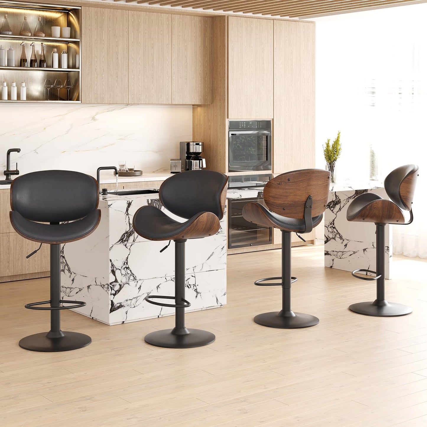 Soohow Adjustable Bar Stools Set for 2, Ergonomic Modern Swivel Bar Stools with Back for Kitchen Island, PU Leather Bar Stool with Footrest Mid Century Barstools, Industrial Counter Height Bar Stools
