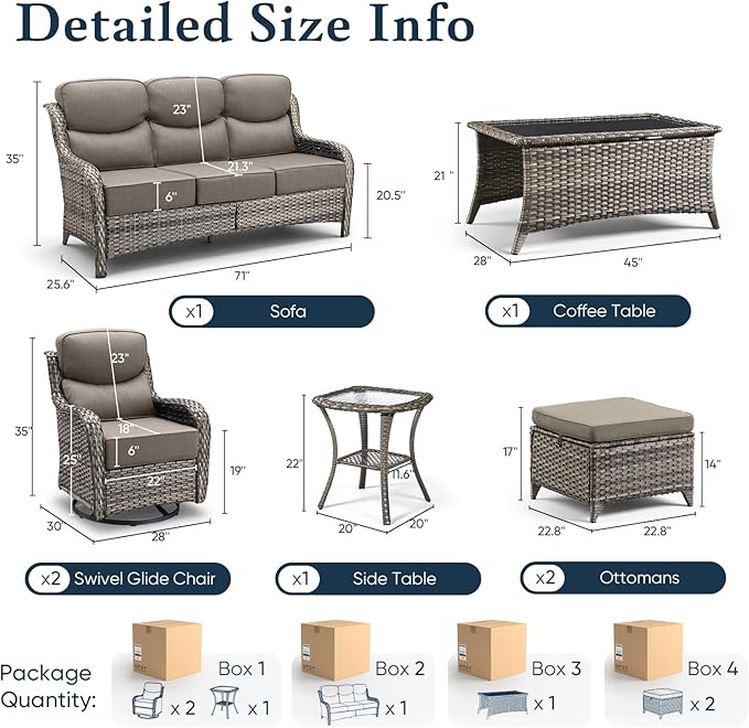 Belord Luxury 6" Thick Cushioned 7 Pieces Patio Furniture Set with Outdoor Couch, Wicker Outdoor Conversation Set with High Back Swivel Rocker Chairs for Deck Porch Yard and Poolside - Grey+Grey