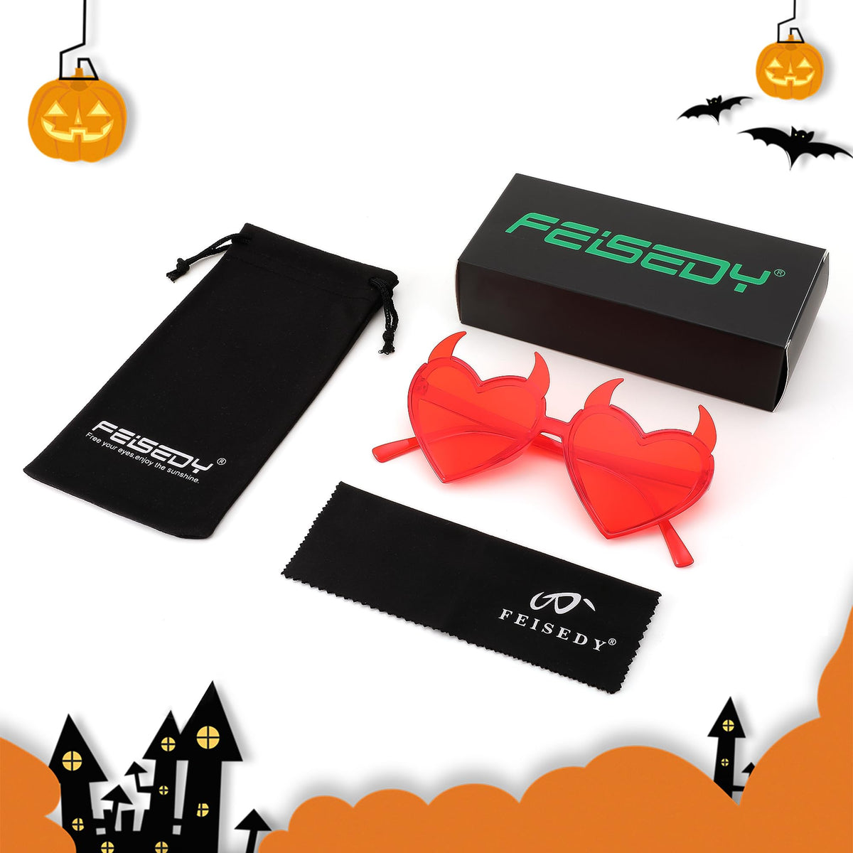 FEISEDY Sunglasses Women Men, Halloween Party Disco Trendy Love Sun Glasses, Rimless Heart Devil Ear Frame B0054