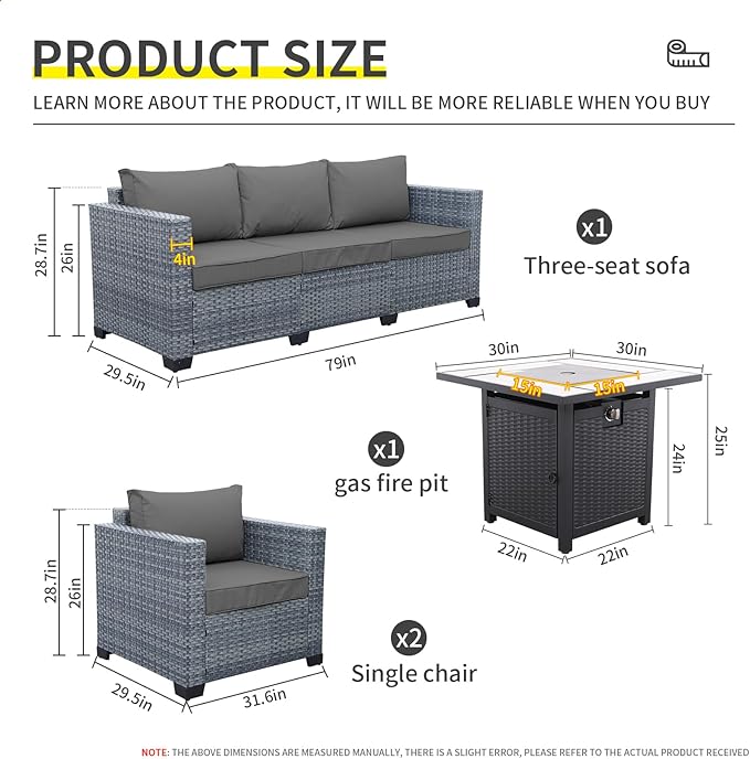 4 Piece Wicker Patio Furniture Sets Outdoor Conversation Set PE Rattan Sectional Sofa Couch with Fire Pit Table and Grey Cushions