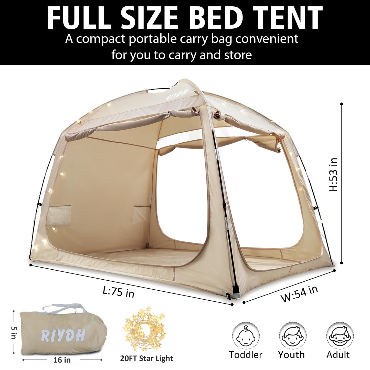 RIYDH Bed Tent Bed Canopy Breathable 100% for Adult and Kids- Original Design Light Reduction 93% Sleeping Dream Tents Indoor Portable Big Space with String Light 3 Doors Twin Full Queen King Size