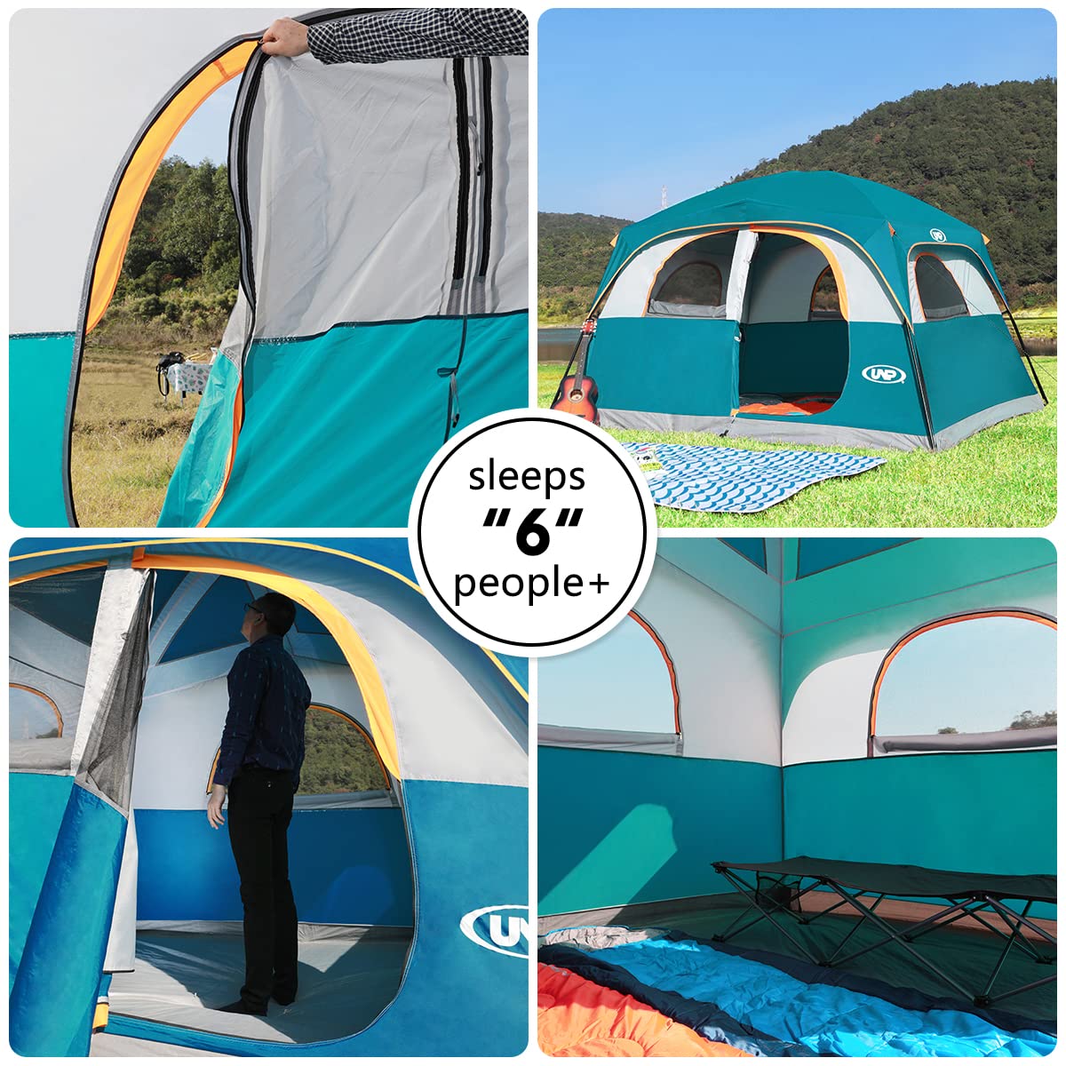 UNP Tents for Camping 6 Person Waterproof Windproof Easy Setup, Double Layer Cabin Tent with 1 Mesh Door & 5 Large Mesh Windows - 10'x9'x78in(H) Blue