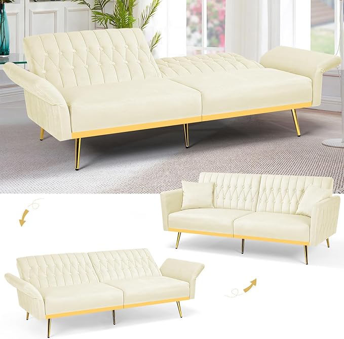 ACMEASE 70” Velvet Futon Sofa Bed with 2 Pillows and Adjustable Armrests, Convertible Sleeper Bed W/Adjustable Backrests, Modern Loveseat for Living Room, Bedroom, Beige