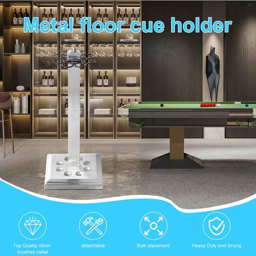 CROWN ME Pool Stick Holder Billiard Cue Rack Holds 8 Sticks Floor Stand metal billiard cue rack, pool cue holder-Finish Silver