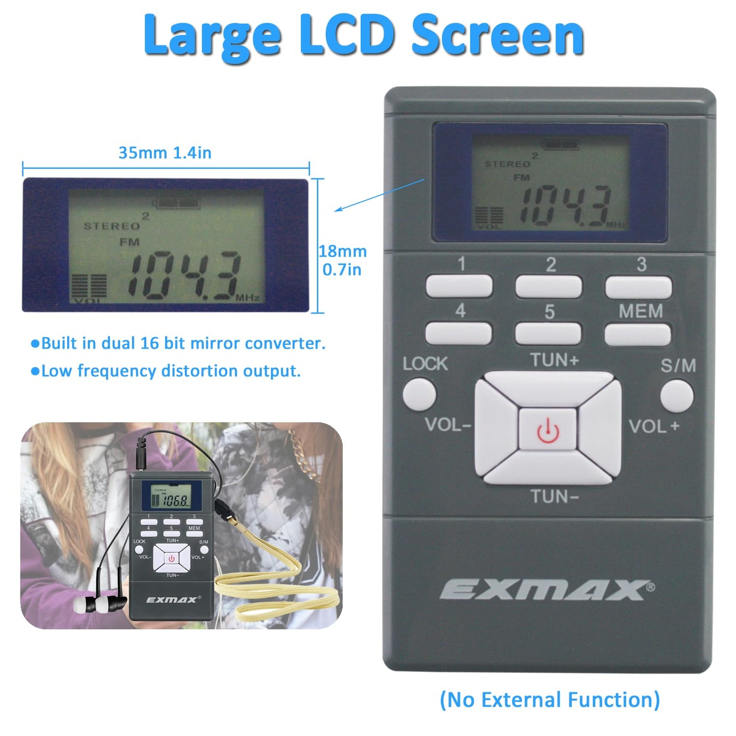 Exmax E108 Wireless Stereo Fm Radio Receiver - Portable Pocket Mini With Earbuds, Lcd Clock For Translator Tour Guide System, Jo