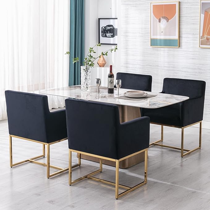 BESTANO Set of 2 Upholstered Velvet Dining Chairs with Armrest, Mid Century Modern Accent Armchairs, Modern Kitchen & Dining Room Chairs with Gold Frame, Black