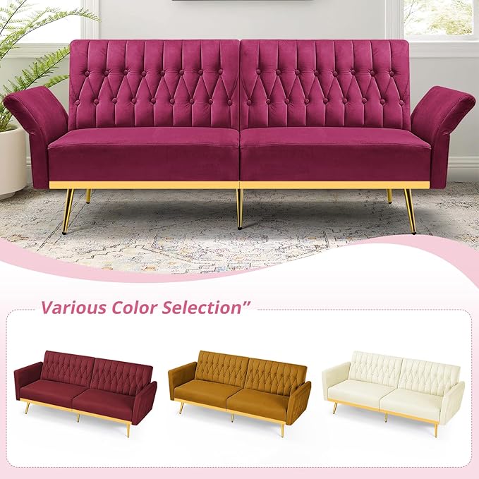 ACMEASE 70” Velvet Futon Sofa Bed with 2 Pillows and Adjustable Armrests, Convertible Sleeper Bed W/Adjustable Backrests, Modern Loveseat for Living Room, Bedroom, Fuchsia
