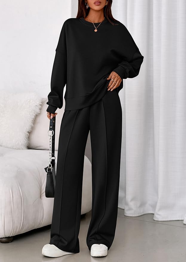 PRETTYGARDEN 2 Piece Sets For Women Fall Trendy Long Sleeve Sweatshirt Wide Leg Pants Loungewear Set Matching Sweatsuit