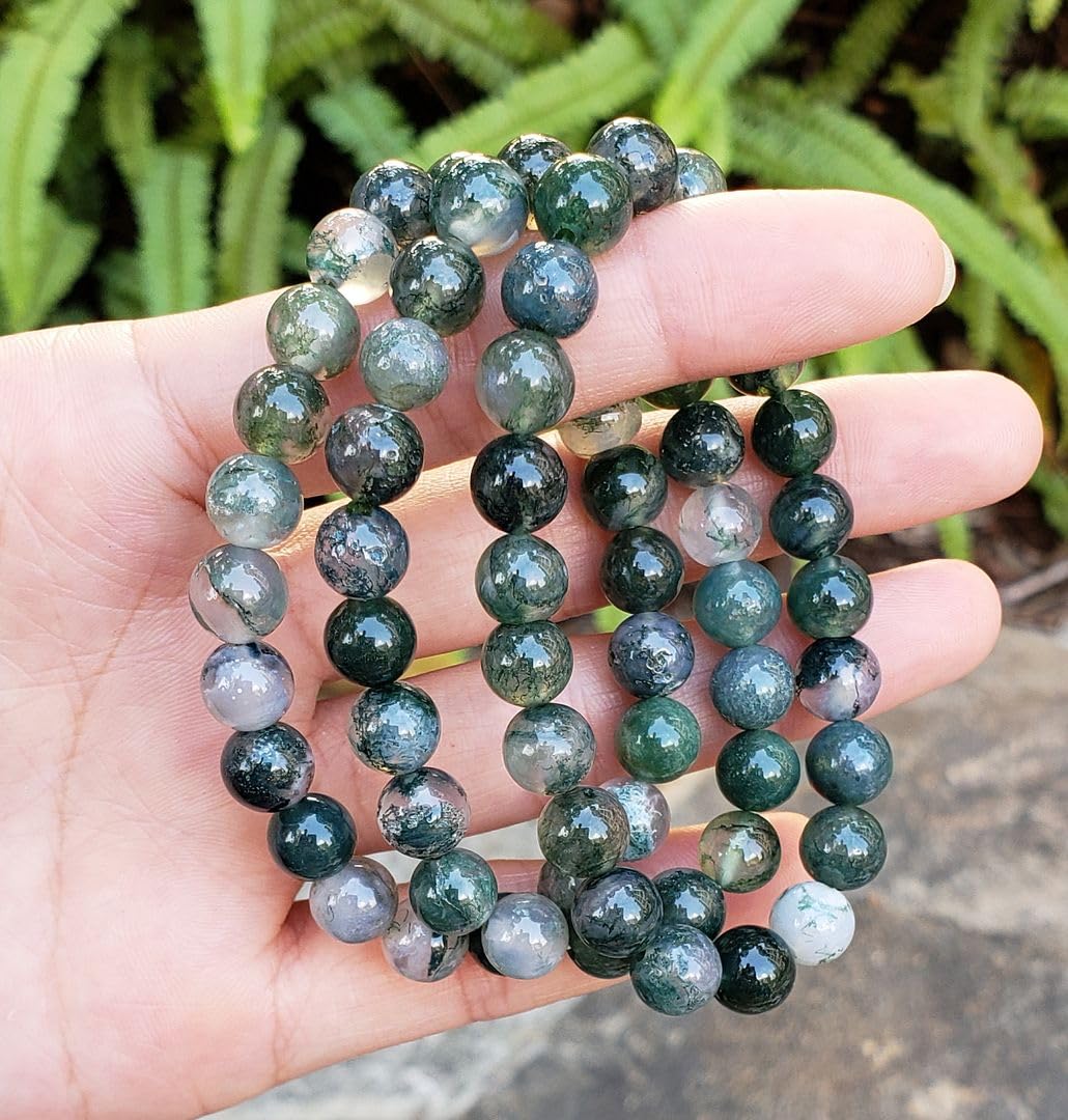 Adabele Real Natural Moss Agate Gemstone Beaded Bracelet 8 inch Stretch Chakra Healing Crystal Stone Jewelry Women Mom Gift (Uni