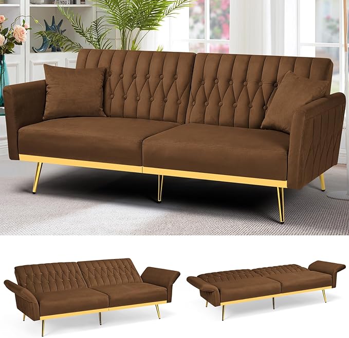 ACMEASE 70” Velvet Futon Sofa Bed with 2 Pillows and Adjustable Armrests, Convertible Sleeper Bed W/Adjustable Backrests, Modern Loveseat for Living Room, Bedroom, Brown