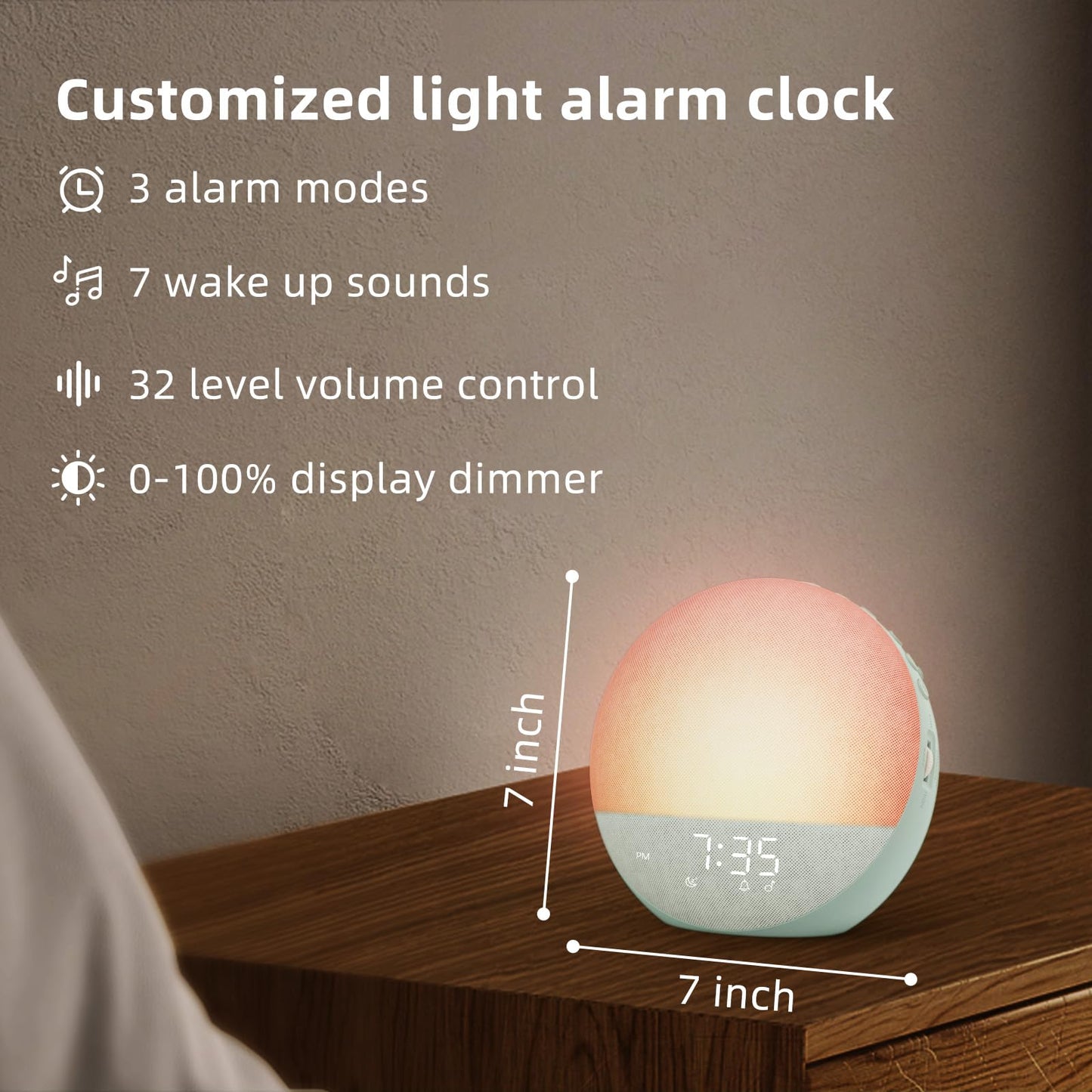 Sunrise Alarm Clock White Noise Machine: Natural Wake Up Light - Dimmable Clock with Bluetooth Speaker for Bedroom - 25 Sleep Sounds for Baby Adults Kids Sage Green