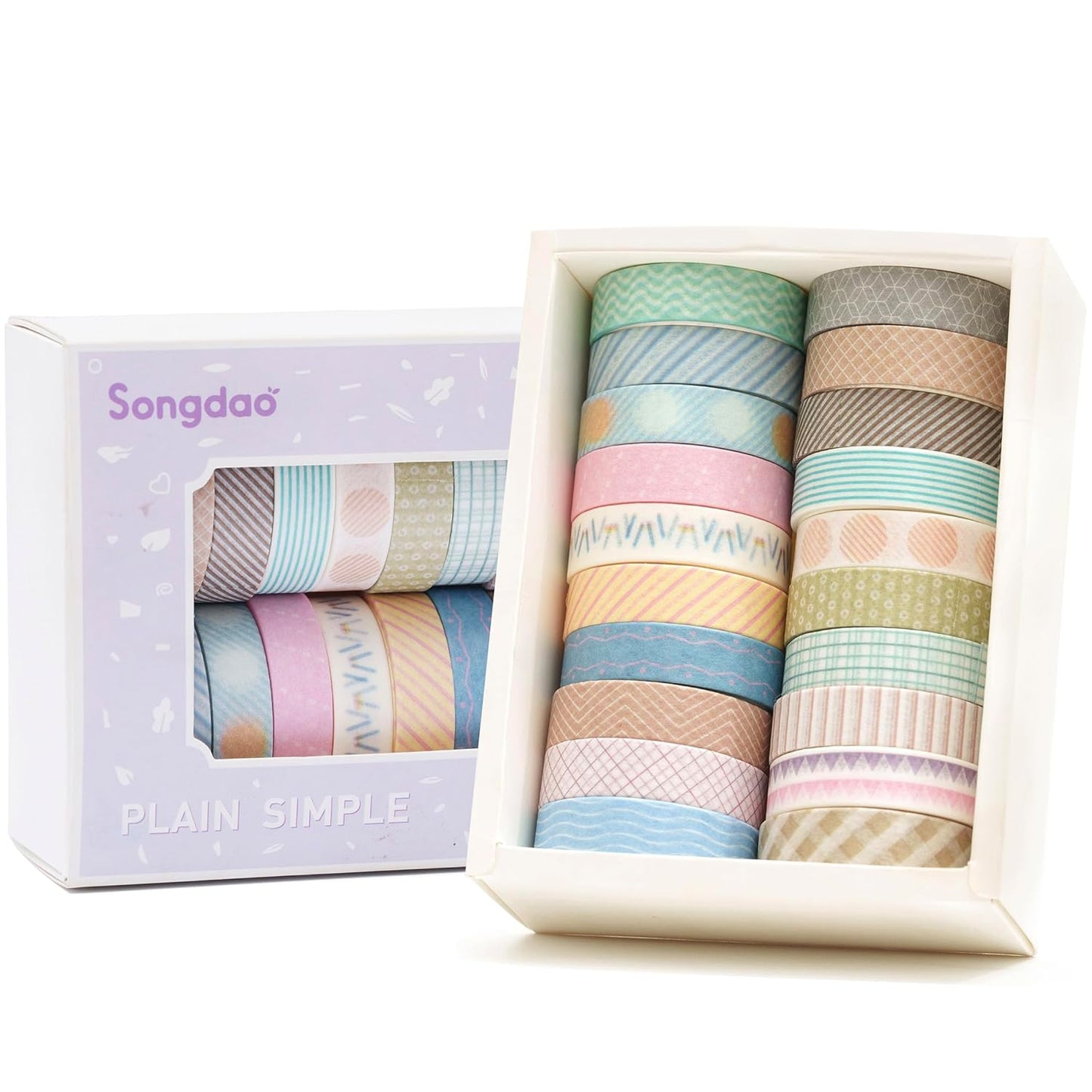 20 Rolls Basic Washi Tape Set Japanese Arts Adhesive Tapes Simple Patterns Decorative Masking Tape Sets for Craft, Kids, Scrapbook, DIY, Gift Wrapping (Style Two)