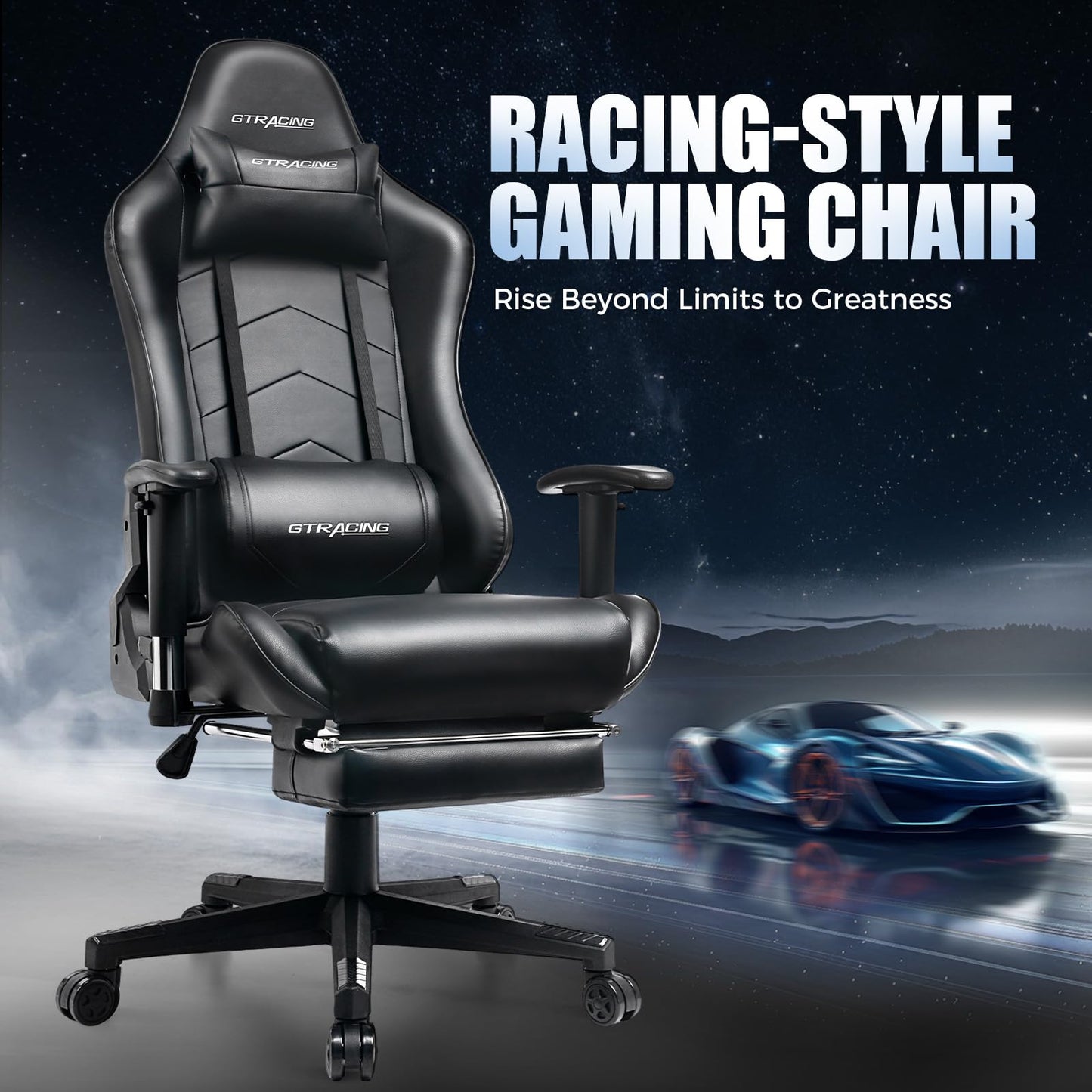 GTRACING Gaming Chair with Footrest, Height-Adjustable 2D Armrests, Racing Style Gamer Chairs for Adults - 160° Reclining Backrest, Computer Game Chair for Office, GT901 (Black)
