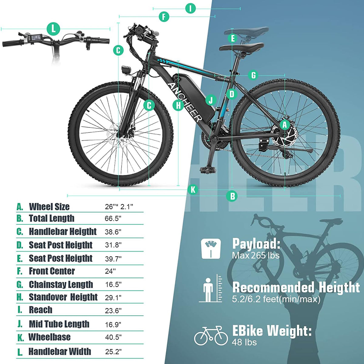 ANCHEER Electric Bike for Adults, Peak 750W Ebike, 3H Fast Charge, 55 Miles, 22MPH Electric Bicycle, 48V 499Wh Battery, 26" Gladiator Electric Mountain Bike, 21Speed, UL2849 Compliant