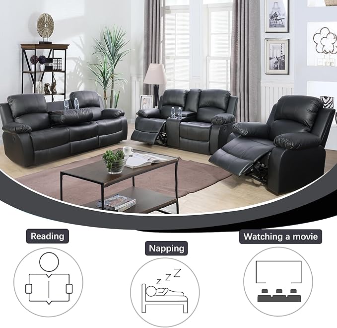 A Ainehome Living Room Furniture Set Leather Recliner Sofa Set Loveseat Chair Furniture Sofa Set for Living Room/Small Space/Rv/House/Office/Theater Seating (A-Black Leather, 3 Piece Set)