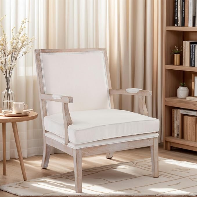DM Furniture Mid Century Modern Accent Chair Upholstered Living Room Chairs with Armrest Linen Fabric Comfy Lounge Armchair Retro Solid Wood Reading Chair for Bedroom, Guest Room, Balcony, Beige