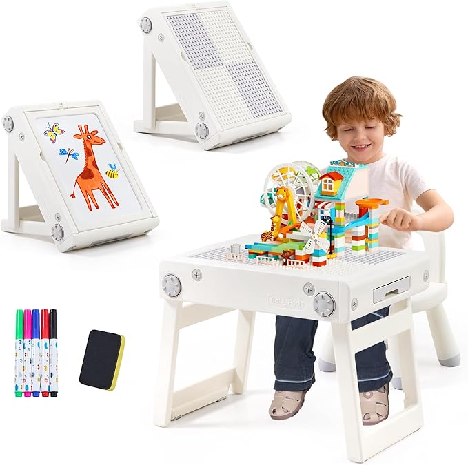 JooKiddie Toddler Table and Chair Set, Foldable Building Block Table for Kids, Double-Sided Drawing & Building Kids Activi...