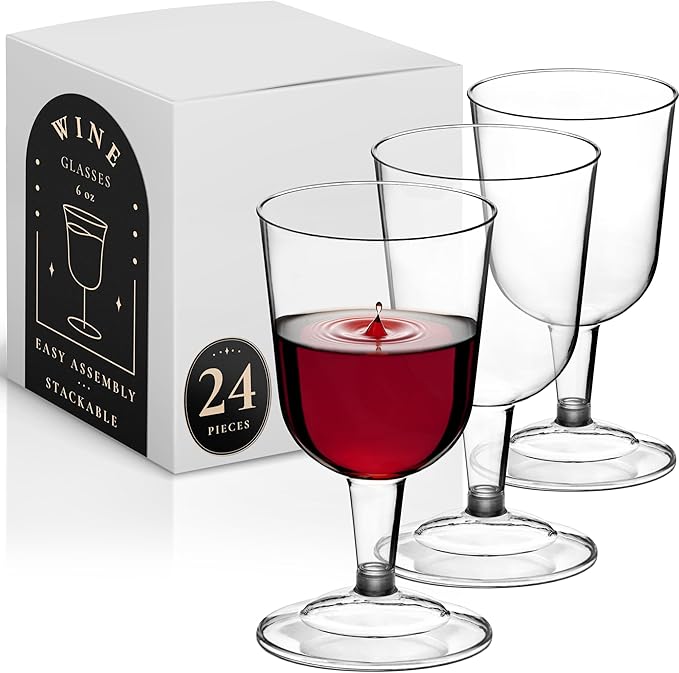 DecorRack 24 Pack Plastic Wine Glasses, 6 Oz BPA-Free Plastic Cups, Shatter-Resistant, Disposable Wine Glasses Set for Wed...