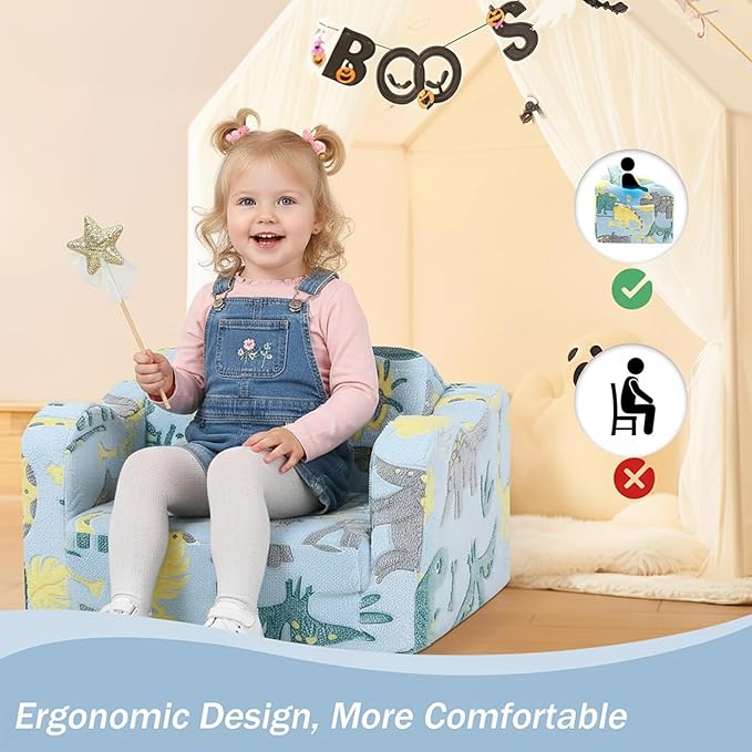 MeMoreCool Toddler Chair – Convertible Glowing Dinosaur Flip-Out Kids Sofa | 1–3 Years | Soft Foam Couch for Playroom, Reading & Relaxing | Fold-Out Lounge Seat with Washable Cover