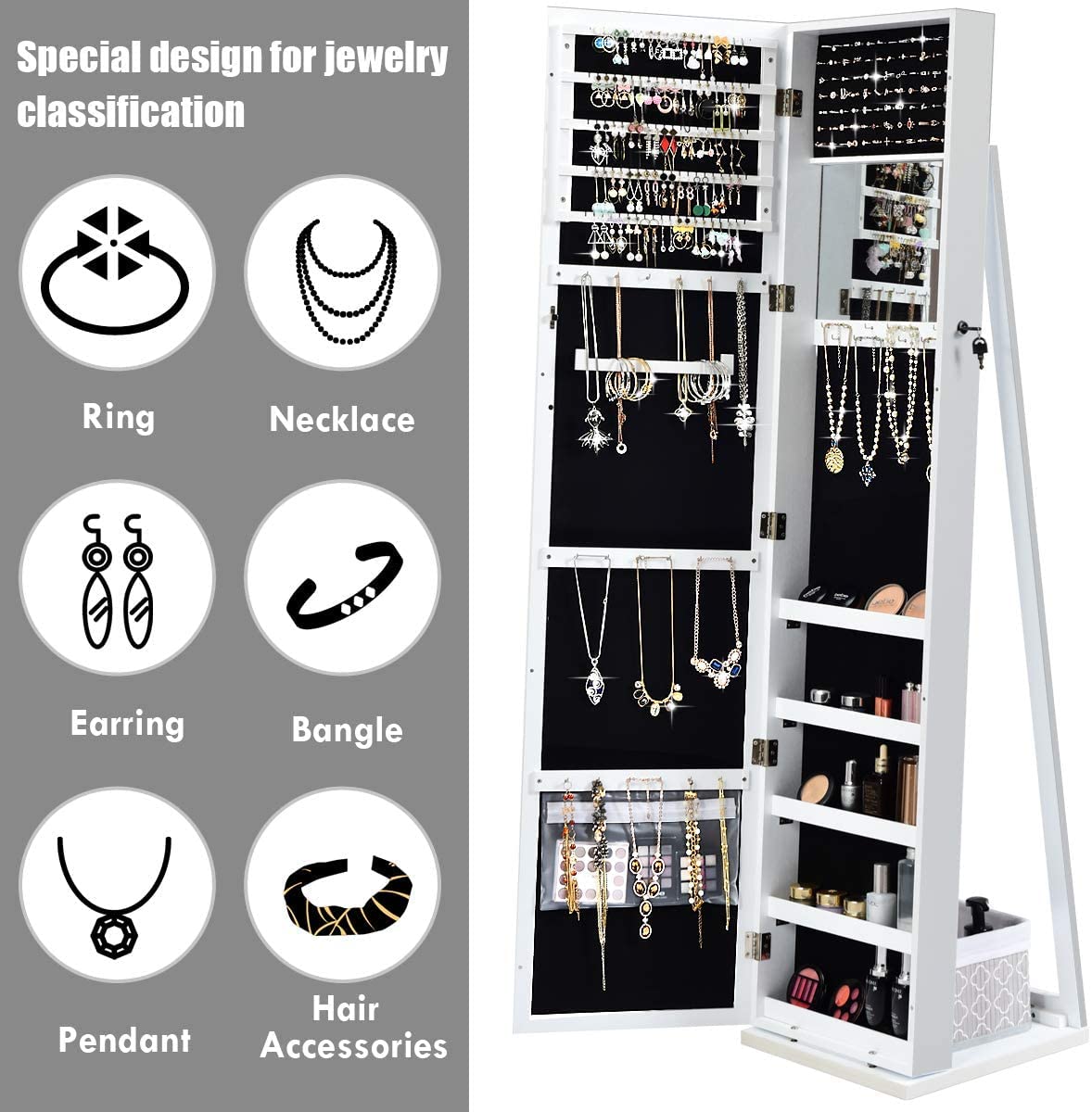 FANTASK Full Length Mirror Jewelry Cabinet, Free Standing Jewelry Armoire w/Inside Makeup Mirror, Stable Base, Large Storage Capacity, White Lockable Jewelry Cabinet Organizer, Easy Assembly