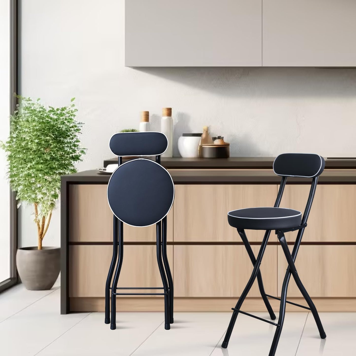 UWEAR Folding Bar Stool with Back,1 PCS Tall Foldable Stool Leather Padded Portable Stools Counter Height Foldable Stools Chairs Collapsible Stool for Adults Kitchen Island (Black)