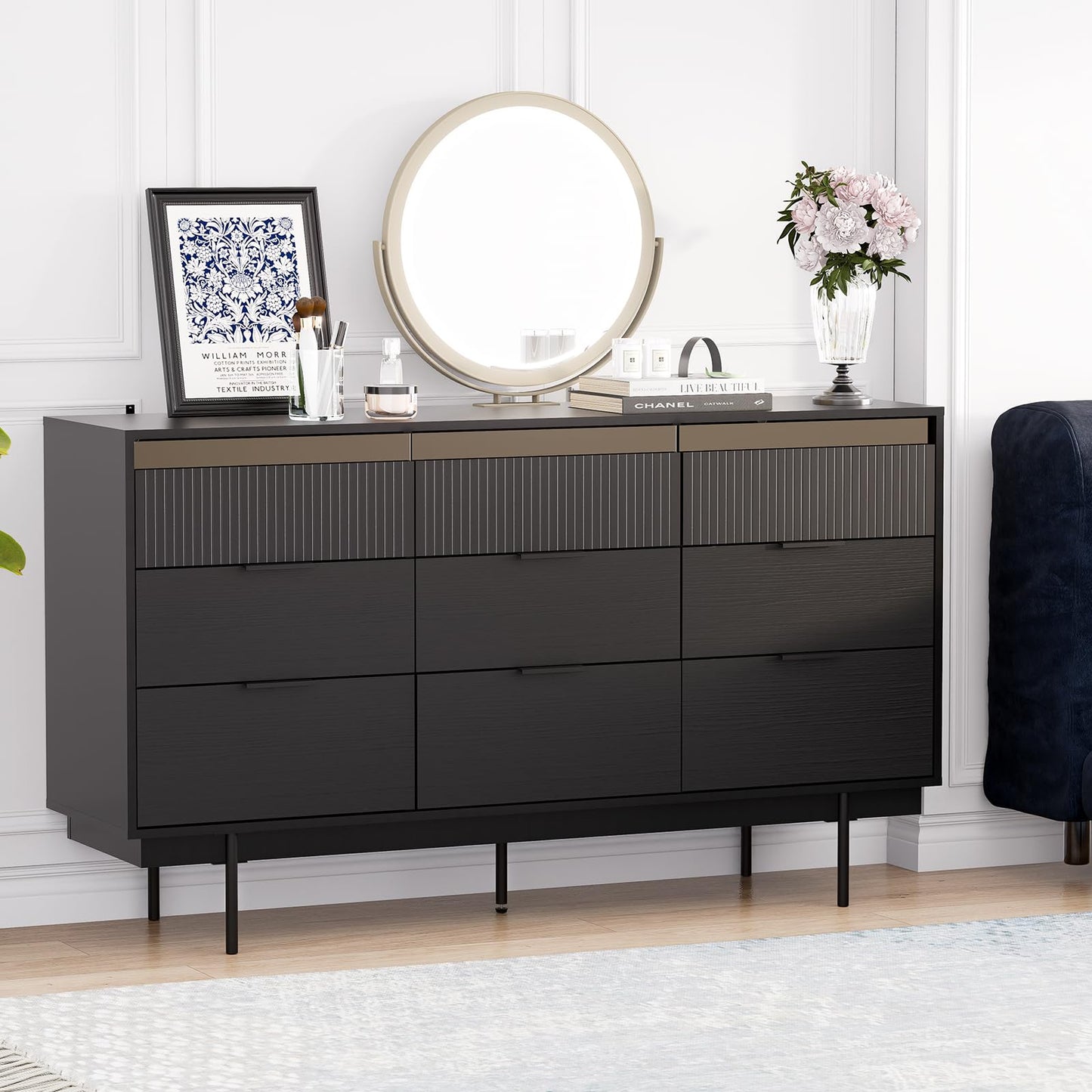 MEISSALIVVE 9 Drawer Dressers for Bedroom, Wide Chest of Drawers, Deep Drawer Dresser, Modern Storage Organizer Dresser, Black Long Dressers for Closet Living Room (59" W x 16" D x 34" H)