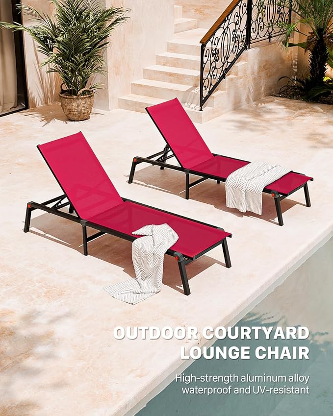 WOAJNQO Aluminum Patio Chaise Lounge Chair Set of 2 with Side Table,5-Position Adjustable Backrest,Foldable Lounge Chair Outdoor,Pool Lounge Chairs for Poolside,Lawn,Deck,Beach (Red, 2 Pack+Table)